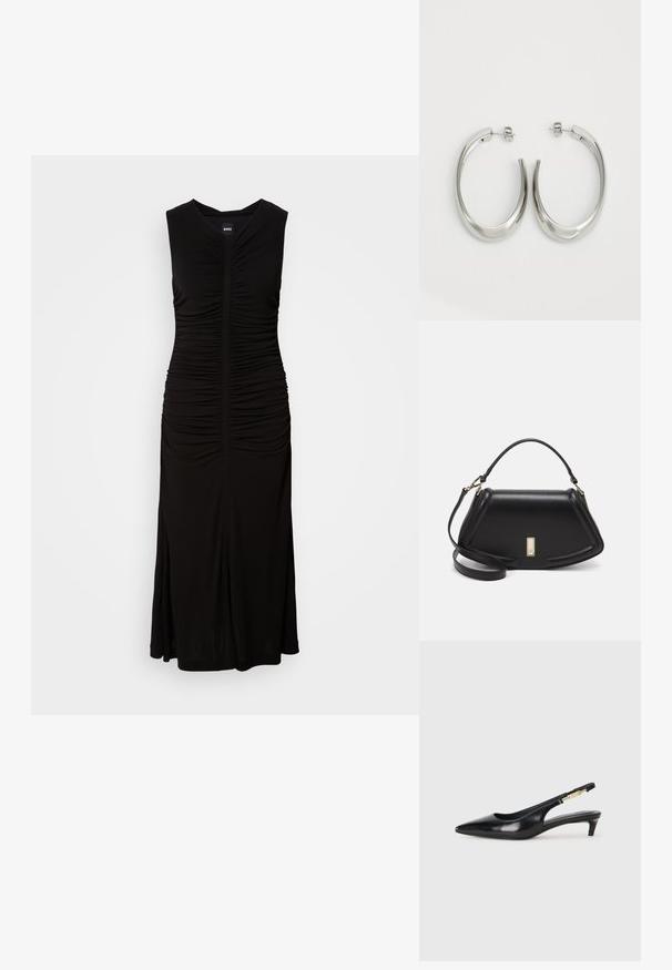 Μαύρο αμάνικο φόρεμα από ελαστικό ύφασμα; ρυτίδες κατά μήκος των πλαισίων; εφαρμοστό σώμα; φαρδύ τελείωμα; απλός σχεδιασμός σε V-λαιμό.; Μαύρες δερμάτινες γόβες slingback με μυτερή μύτη, διαθέτοντας λεπτό τακούνι και χρυσή λεπτομέρεια στην ρυθμιζόμενη λωρίδα. Λείος υφές.; Μαύρη δερμάτινη τσάντα με δομημένο σχέδιο, που διαθέτει κομμένο σχήμα, επάνω λαβή και χρυσά μεταλλικά στοιχεία. Περιλαμβάνει ρυθμιζόμενο λουρί ώμου.; Ασημένια σκουλαρίκια κρίκοι με μαλακή, καμπυλωτή σχεδίαση. Διαθέτουν γυαλιστερή μεταλλική υφή και κλείσιμο με σφίγγα. Χωρίς ορατά μοτίβα ή διακοσμήσεις.