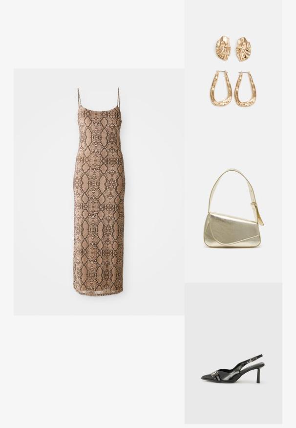 Ujjatlan, testhezálló ruha texturált kígyómintával barna árnyalatokban, mely a vádli közepéig ér. Egyszerű dizájn fehér háttérrel.; Fekete lakk bőr, hegyes orrú slingback cipő, boka pántokkal, ezüst csatokkal és hardverelemekkel, valamint karcsú sarkú.; Arany fémes kézi táska, strukturált dizájnnal, sima felülettel és állítható pánttal. Egyedi háromszög alakú, minimalistának mondható varrásokkal rendelkezik.; Aranyszínű fülbevalók, texturált, hullámos formákkal. Tartalmazza a szobrászati klipszes studokat és az open hoop kialakítást, kalapácsos felülettel.