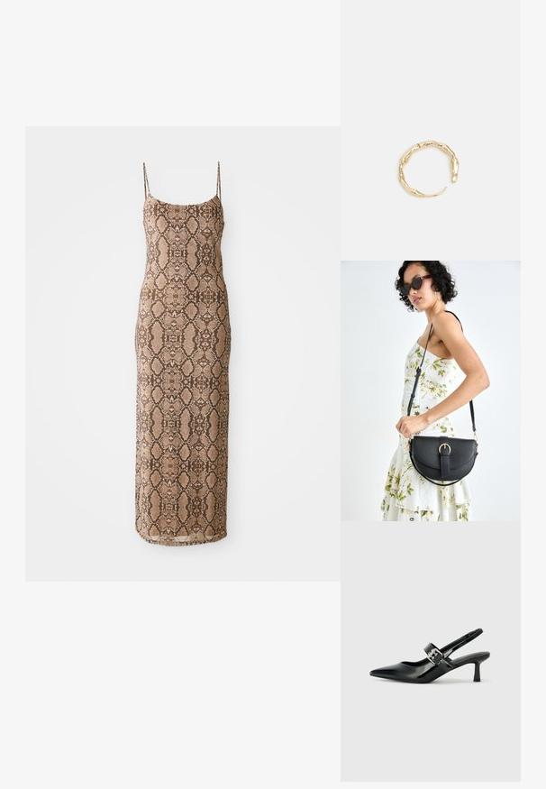Obleka brez rokavov, prilegajoča se s teksturiranim vzorcem kače v odtenkih rjave barve, ki sega do sredine meč. Preprost dizajn na beli podlagi.; Črne patent usnjene slingback pete s koničastim nosom in majhnim blok peto, ki vključujejo srebrno zaponko na traku.; Črna usnjena torbica s ukrivljeno obliko, z odstranljivo naramnico in zlatimi dodatki. Torbica ima pokrov s podrobnostmi v obliki zaponke.; Zlati prstan s organskim, zvitim dizajnom, gladko površino in taperiranimi konci, ki ustvarja modernega, skulpturalnega videza.