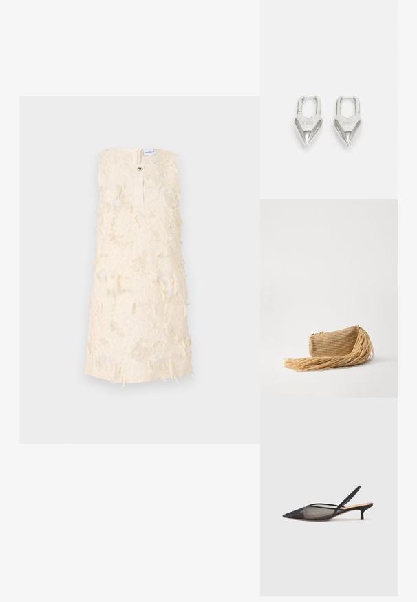 Marella ATLANTA - Koktailové šaty/večierkové šaty - avorio; NEOUS IRENA - Klasické lodičky na opätku - black; Cult Gaia VIERA - Listová kabelka - natural; Strieborné zámky v tvare srdca so vygravírovanými nápismi "ÁNO" a "NIE", leštený povrch, symetrický dizajn a robustný kovový uzáver.