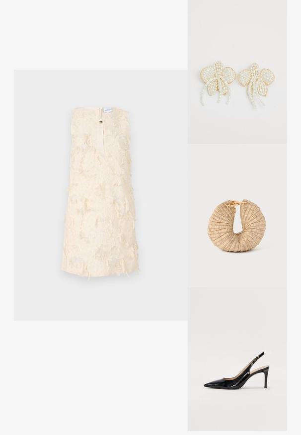 Marella ATLANTA - Koktel haljina / svečana haljina - avorio; Crne lakirane slingback cipele s oštrim vrhom, uskim potpeticama i suptilnim izrezom. Sadrže zlatnu kopču na traku.; Cult Gaia UBAH - Ručna torbica - wheat; Naušnice u obliku cvijeta od bisera s zlatnim akcentima. Svaka latica sadrži male, okrugle bisere raspoređene u cvjetni dizajn, s dugim detaljima od bisera.