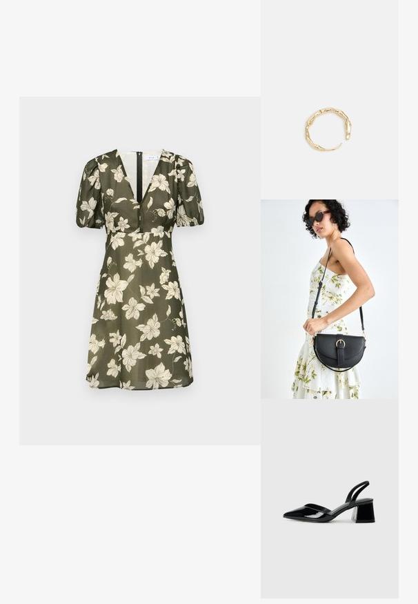 Olivovo zelené šaty s bielym kvetinovým vzorom, krátkymi puff rukávmi, hlbokým V-výstrihom a zipsom na chrbte. Hladká látka s voľným strihom.; Čierne lakované kožené sandálové podpätky s špicatou špičkou a geometrickým blokovým podpätkom. Disponujú elegantným, minimalistickým dizajnom a hladkým povrchom.; Čierna kožená kabelka s zaobleným tvarom, odnímateľným popruhom a zlatými doplnkami. Kabelka má klopu s detailom s prackou.; Prsteň v zlatej farbe s organickým, skrúteným dizajnom, hladkým povrchom a zužujúcimi sa koncami, vytvárajúci moderný, sochársky vzhľad.