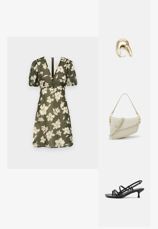 Alyvuogių spalvos suknelė su baltais gėlių raštais, trumpomis pūkuotomis rankovėmis, giliu V formos iškirpimu ir užtrauktuku nugarinėje dalyje. Lygaus audinio, su sraigtiniu dizainu.; Juodos aukštakulnės šlepetės su keliais perrištomis juostelėmis. Lygi medžiaga, smailas nosis ir siauras kulnas. Reguliuojama kulkšnies juostelė su sagtimi.; Mažas kreminis rankinukas su tekstūruotu paviršiumi, ilga reguliuojama juostele, grandinėle ir užsegimu su atvartu. Aukso detalės.; Aukso tono metalinės auskarai su stilingu, kreiviu dizainu. Išsiskiria ryškiu smailiu pavidalu, poliruota paviršiumi ir užsegimu su vyriu.