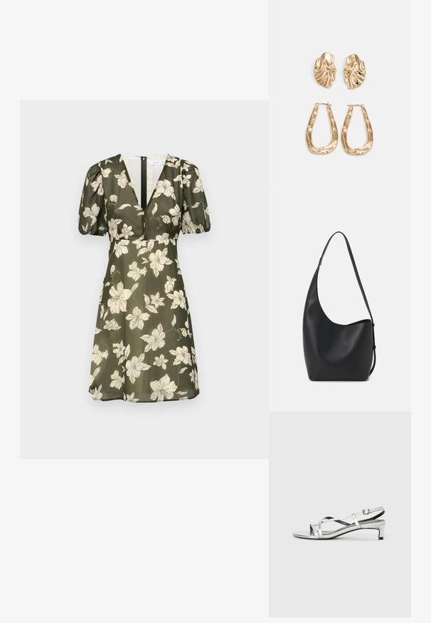 Vestido verde-oliva com padrão floral branco, mangas curtas em balão, decote em V profundo e fecho nas costas. Tecido suave com um design esvoaçante.; Sandália slingback metálica prateada com um salto baixo, apresentando tiras entrelaçadas e uma textura suave. Design minimalista.; Saco hobo preto em pele com uma textura lisa, forma curva e uma única alça ajustável; apresenta uma abertura larga na parte de cima.; Brincos em tom de ouro com formas onduladas e texturizadas. Inclui studs escultóricos com presilha e um design de argola aberta com um acabamento martelado.