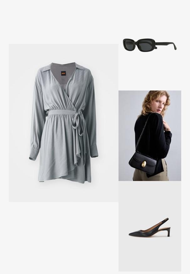 Pilka apvalkalo suknelė iš minkštos medžiagos, turinti ilgus rankovės, siaurėjantį liemenį ir tekantį asimetrinį sijoną. Į komplektą įeina apykaklė ir diržas.; Juodas odinis šliuurkastukas su smailiu pirštu, žemu kulnu ir glotnia tekstūra. Turi ploną reguliuojamą dirželį patogiam prigludimui.; Juodi stačiakampiai saulės akiniai su storu rėmu, tamsiai tonuotais objektyvais ir stilinga išvaizda. Šventyklos turi lygų paviršių.; Juodos odinės rankinės su išlenktu siluetu, turinčios ryškų auksinį ovalų sagtį, reguliuojamą dirželį ir minimalistišką dizainą.