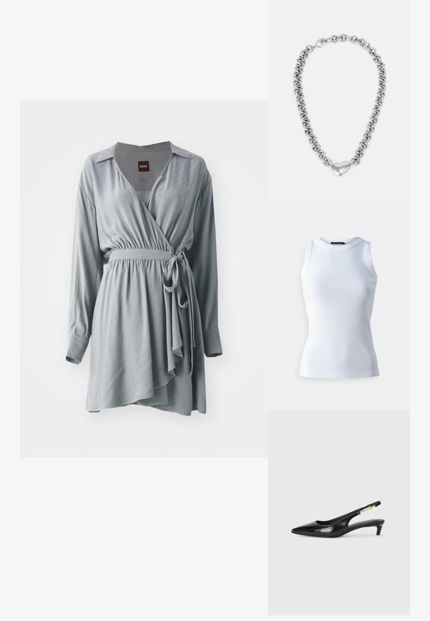 Rochie gri învelită dintr-un material moale, cu mâneci lungi, talie strânsă și un tiv asimetric fluid. Include guler și o curea cu nod.; Top alb fără mâneci, confecționat dintr-un material cu model de rib pe interior, având un decolteu rotund și o siluetă ajustată. Textură netedă, fără modele sau accente vizibile.; Sandale slingback din piele neagră cu vârf ascuțit, având un toc subțire și un accent de culoare aurie pe curea ajustabilă. Textură netedă.; Colier din argint cu lanț format din inele rotunde interconectate și un accent în formă de inimă lustruit în centru. Include închizătoare sigură.