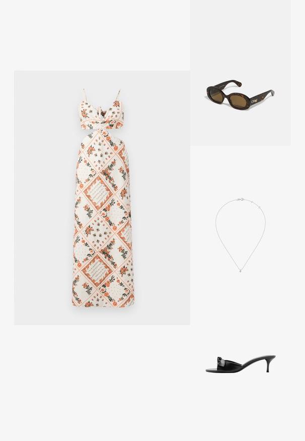 Maxi kjole i cremefarvet stof med blomster mønstre i orange og grøn. Bindebåndsremme med tætsiddende overdel og A-formet skørt design.; Sorte læder slip-on mules med en sløjfe accent, åben tå og en slank høj hæl. Glat tekstur og minimalistisk design.; Skildpaddemønstret solbriller med ovale stel, brune tonede glas og "Chloé" branding på siden. Glat plastmateriale med blank overflade.; Live Diamond DIAMANT LAB GROWN - Halskæder - weiß/gold-coloured