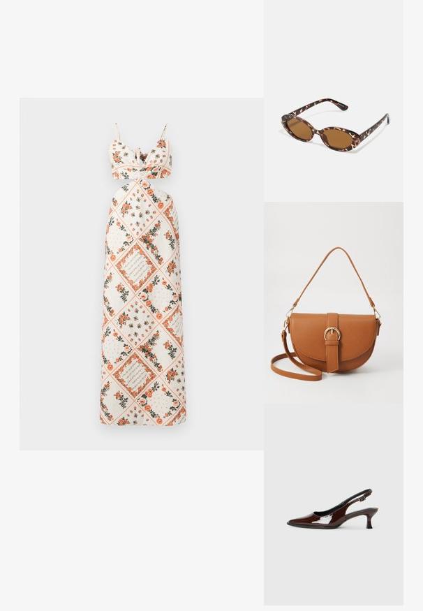 Krēmkrāsas maxi kleita ar ziedu rakstu oranžā un zaļā krāsā. Saistītu siksnu ar pieguļošu dekoltē un A-formas svārku dizainu.; Brūnas patentētas ādas sprauga kurpes ar norādītu pirkstu un mērenu papēdi. Aprīkotas ar sprādzi, lai nodrošinātu drošu fit. Gluda tekstūra.; Tortoiseshell saulesbrilles ar ovālu stiklu, brūnganiem toņiem, plāniem rokām ar faktūras rakstu, viegla plastmasas apmale.; Brūns ādas plecu soma ar izliekta formu, zelta piederumiem un sprādzes akcentu. Iesaiņota ar noņemamu plecu siksnu.