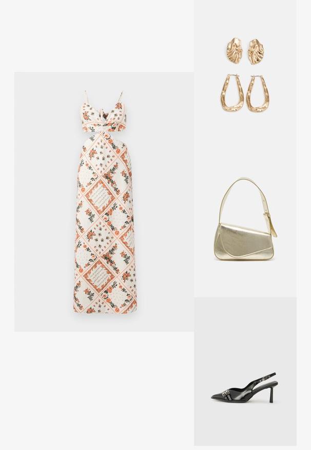 Abito maxi in tessuto crema con motivi floreali in arancione e verde. Spalline legate con busto aderente e design a gonna svasata.; Scarpa slingback in vernice nera con punta affusolata, cinturini alla caviglia con fibbie in argento e accessori, e tacco sottile.; Borsa a mano metallica dorata con un design strutturato, superficie liscia e tracolla regolabile. Presenta una forma triangolare unica e cuciture minimaliste.; Orecchini in tono oro caratterizzati da forme ondulate eTexture. Comprendono chiusure clip-on scultoree e un design a cerchio aperto con finitura martellata.