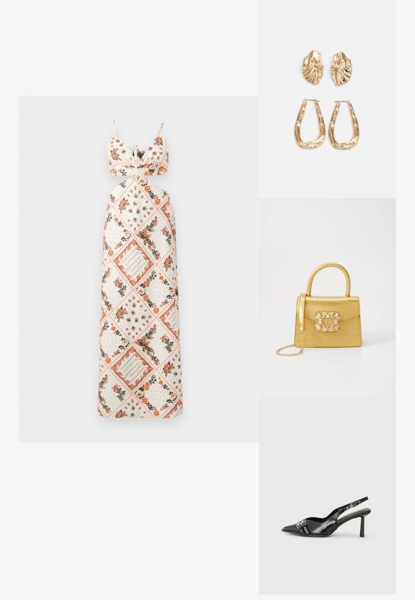 Maxikjole i kremfarget stoff med blomstertrykk i oransje og grønt. Knyttede stropper med tettsittende liv og A-linjeet skjørt.; Sorte patentlær slingback-sko med spiss tå, ankelremmer med sølvspenner og detaljer, og en slank hæl.; Gul faux-krokodille veske med en strukturert design, toppen håndtak, avtagbar kjede stropp, og dekorativ krystallbortsettelse på låsen.; Gullfargede øredobber med teksturerte, bølgete former. Inkluderer skulpturelle klipsstuds og åpen hoop-design med en hamret finish.