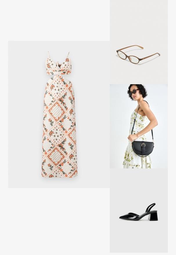 Krém színű maxi ruha, narancssárga és zöld virágmintákkal. Megkötős pántokkal, testhez simuló felső résszel és A vonalú szoknyával.; Fekete lakk bőr szandálkés magas sarkú cipő, hegyes orral és geometrikus tömbsarkakkal. Karcsú, minimalista dizájn és sima textúra jellemzi.; Barna teknős páncélmintás szemüveg, ovális lencsékkel, vékony szárakkal és átlátszó részletekkel. A templomon diszkrét logó található. Elegáns, könnyű dizájn.; Fekete bőrtáska ívelt formával, levehető pánttal és arany színű fémrészekkel. A táskán egy csattal díszített fedél található.