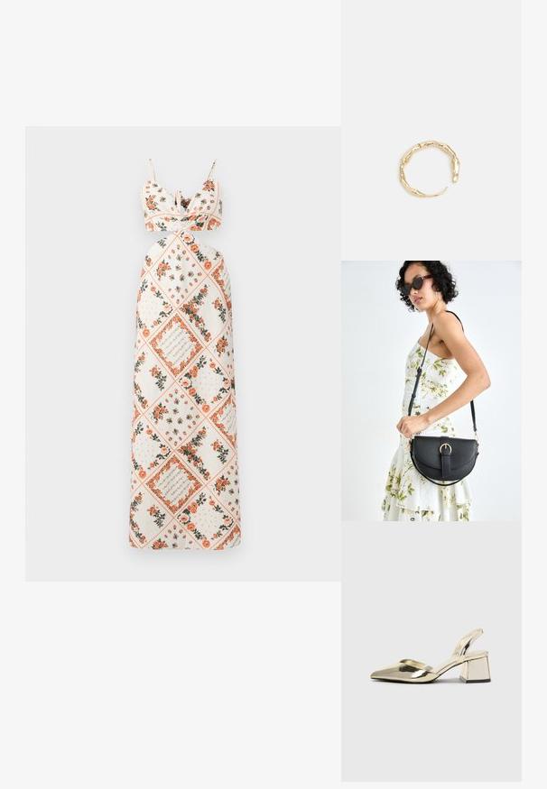 Maxi kjole i cremefarvet stof med blomster mønstre i orange og grøn. Bindebåndsremme med tætsiddende overdel og A-formet skørt design.; Guld, metalliske slingback-hæle med spids tå og kraftig hæl. Glat tekstur, minimalistisk design og en smal strop.; Sort læderhåndtaske med en buet form, aftagelig rem og guldfinish. Tasken har en klap med en spænde detalje.; Guld-tone ring med et organisk, snoet design, glat overflade og affasede ender, hvilket skaber et moderne, skulpturelt udseende.