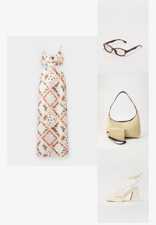 Maxi-jurk van crèmekleurige stof met bloemmotieven in oranje en groen. Vastgebonden schouderbanden met een aansluitend lijfje en een A-lijn rokdesign.; Witte hoge hakken sandaal met een chunky hak, met een bandjesontwerp en enkelband. Gladde textuur met een plateau voor extra hoogte.; Schildpadbril met een ronde vorm en lichte lenzen. Heeft stevige armen met kleine gouden accenten, gemaakt van plastic materiaal.; Geweven strohandtas met een gebogen silhouet, voorzien van een soepele zwarte leren schouderband en een bijpassend klein zakje dat is bevestigd met een polsband.