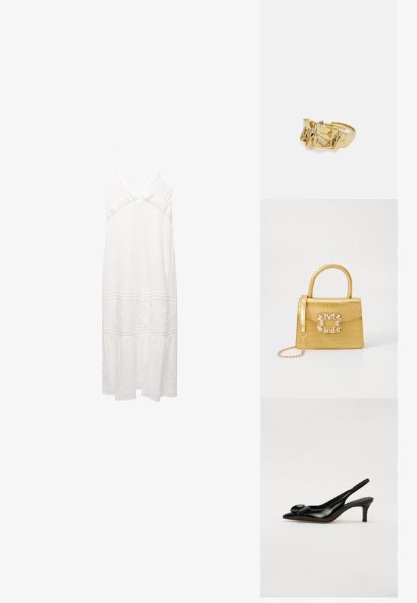 Witte linnen jurk met dunne schouderbandjes, V-hals, geborduurde accenten, gelaagde zoom en een losse pasvorm. Heeft een gestructureerde stof en kanten details.; Zwarte lakleren slingback schoen met een spitse neus, kleine hak en een opvallende strikaccent op de voorkant. Glad textuur en slank ontwerp.; Geel faux-krokodillenhandtas met een gestructureerd ontwerp, bovenhandvat, afneembare kettingriem en decoratieve kristallen versiering op de sluiting.; Gouden ring met een textuur van golvende ontwerpen met drie opvallende pieken. Gladde, glanzende oppervlakte met eenopen band voor een verstelbare pasvorm.