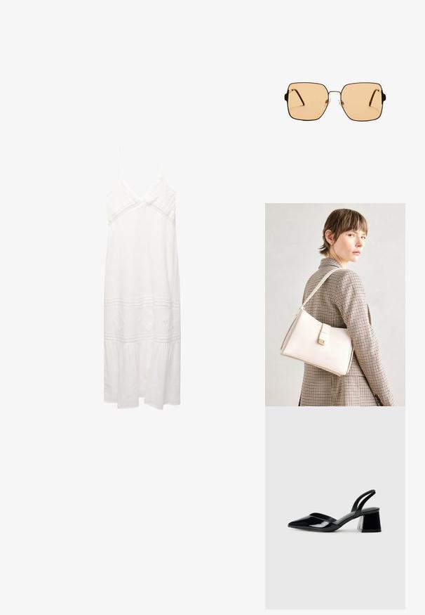 Biała lniana sukienka z cienkimi ramiączkami, dekoltem w kształcie litery V, haftowanymi akcentami, warstwowym dołem i luźnym krojem. Posiada teksturowany materiał i detale z koronki.; Czarne lakierowane półbuty na obcasie z wydłużonym noskiem i geometrycznym słupkiem. Charakteryzują się eleganckim, minimalistycznym designem oraz gładką fakturą.; Kwadratowe okulary przeciwsłoneczne z brązowymi soczewkami i cienką, czarną metalową oprawą. Posiadają skośne zauszniki i regulowane noski dla większego komfortu.; Biała skórzana torebka o strukturalnym wzorze, z magnetycznym zapięciem i paskiem na ramię, zaprezentowana na neutralnym tle.
