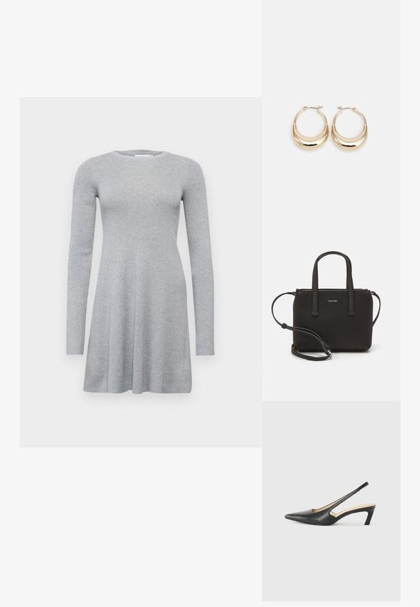 Pilkas ilgos rankovės suknelė su įrenginiu, apvalia iškirpte ir skaidriu A formos siluetu. Paprastas dizainas, be matomų raštų ar akcentų.; Juodas smailus slingback batelis su žemu kulnu, pagamintas iš lygaus odos paviršiaus ir su išpjovomis šone, užtikrinančiomis oro pralaidumą.; Juoda rankinė su dviem trumpais rankenėlėmis ir nuimamu petį. Lygaus odos tipo medžiaga su užtrauktuku ir logotipo detale.; Auksinės tonacijos auskarai su mėnulio forma, lygus paviršius ir sklendės uždarymas. Lygus tekstūra ir atspindintis finis padidina matomumą.