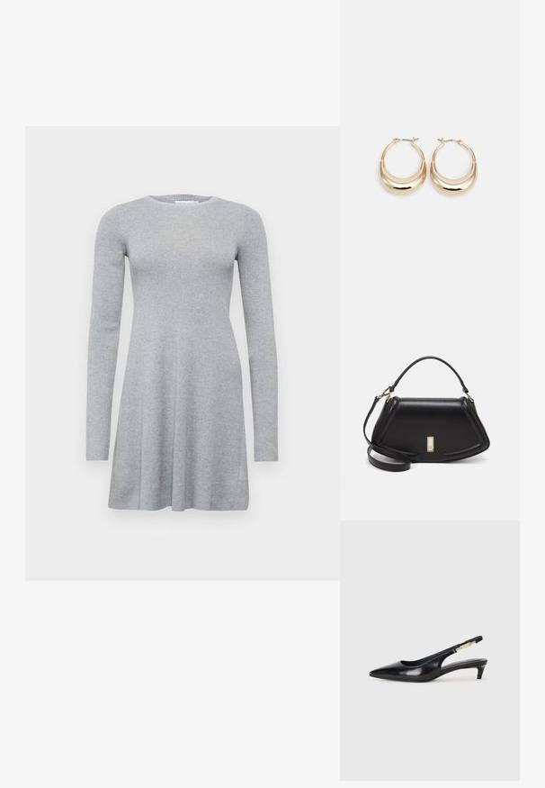 Abito grigio a maniche lunghe con una texture a coste, scollo rotondo e forma ad A fluida. Design semplice, senza motivi o accenti visibili.; Tacchi slingback in pelle nera con punta affusolata, caratterizzati da un tacco alto e un accento dorato sulla cinghia regolabile. Texture liscia.; Borsa a mano in pelle nera con un design strutturato, caratterizzata da una forma corta, manico superiore e accessori in metallo dorato. Inclusa tracolla regolabile.; Orecchini a cerchio tonalità oro con forma a mezzaluna, superficie lucidata e chiusura a cerniera. La texture liscia e la finitura riflettente migliorano la visibilità.