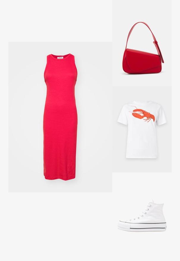 Rdeča rebrasta tančica z ravno silhueto, do kolen, širokimi naramnicami in zaobljenim ovratnikom. Mehka tekstura, brez vidnih vzorcev.; Bela bomba iz bombaža z velikim, svetlo rdečim grafikonom jastreba na sprednji strani. Kratki rokavi in standarden kroj s okroglim izrezom.; Beli visoki platneni športni čevelj z črnim gumijastim podplatom, sprednjim gumijastim zaščitnikom za prste in šestimi luknjicami za vezalke, ki se ponaša s preprostim, minimalističnim dizajnom.; Rdeča usnjena torba z angularnim, geometrijskim dizajnom. Ima en samostoječ nastavljiv ročaj in pokrov, zaprt z zapiranjem, ki je okrašen s šivi.