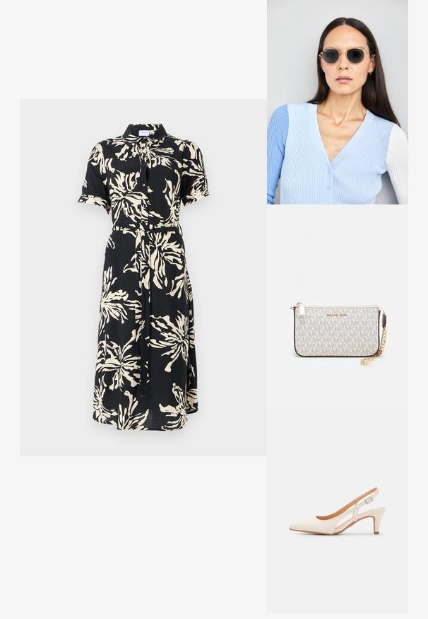 Krátký rukáv, košilové šaty z černé látky s velkými krémovými květinovými vzory, úzký pas s páskem, střední délka, klasický límec.; Bílé lodičky na podpatku s špicatou špičkou, hladkým svrškem, nízkým blokovým podpatkem a designem s bočním výřezem se stahovací sponou.; Kulaté sluneční brýle s tmavými čočkami a zlatými rámy. Modelka má na sobě světle modrý žebrovaný kardigan s knoflíky a kontrastními bílými rukávy.; Kabelka na zápěstí Michael Kors v béžové potažené plátno s opakujícím se vzorem loga MK, zlatými kovovými doplňky a odnímatelným řetízkovým popruhem.