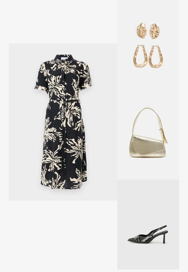 Fekete anyagból készült, rövidujjú, gombos ruha nagy krémszínű virágmintákkal, övvel szűkített derékkal, közepes hosszúságú, klasszikus gallérral.; Fekete lakk bőr, hegyes orrú slingback cipő, boka pántokkal, ezüst csatokkal és hardverelemekkel, valamint karcsú sarkú.; Arany fémes kézi táska, strukturált dizájnnal, sima felülettel és állítható pánttal. Egyedi háromszög alakú, minimalistának mondható varrásokkal rendelkezik.; Aranyszínű fülbevalók, texturált, hullámos formákkal. Tartalmazza a szobrászati klipszes studokat és az open hoop kialakítást, kalapácsos felülettel.