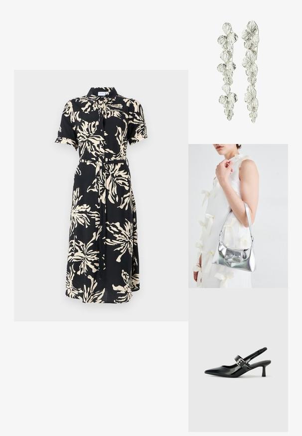 Lühikeste varrukatega, nööbid ees musta kangast kleit suurte kreemjate lillemustritega, vöökohaga, mida rõhutab vöö, keskpikkus, klassikaline krae.; Mustad patenteeritud nahast sildiga kontsad, millel on terav nina ja väike plokk-konts, mille rihmal on hõbedane pandla aksessuaar.; Hõbedane metallik käekott struktureeritud kujuga, millel on ülemine sang ja ettepoole suunatud paeladetail. Sile tekstuur, peegeldav viimistlus.; Hõbedased kõrvakeed, millel on lilleline disain ja kihilised lehed. Tekstuur näeb välja keerukas ja poleeritud, rõhutades looduslikku motiivi.