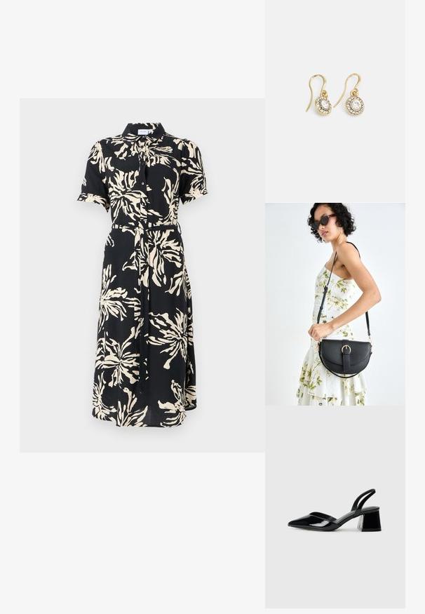 Juoda trumpų rankovių, mygtukais užsegama suknelė su dideliais smėlio spalvos gėlių raštais, įtempė juosmenį diržu, vidutinio ilgio, klasikinio apykaklės dizaino.; Juodos lakuotos odinės šlepetės su smailiu pirštu ir geometriniu bloko kulnu. Turi elegantišką, minimalistinį dizainą ir lygų paviršių.; Juodas odinis krepšys su išlenkta forma, nuimamu dirželiu ir auksiniais detalėmis. Krepšys turi kilpą su sagtimi.; Aukso spalvos auskarai su ovalo formos skaidriais kristalais, apjuostais mažesniais skaidriais akmenukais, su kabliuko dizainu, užtikrinančiu saugų dėvėjimą.