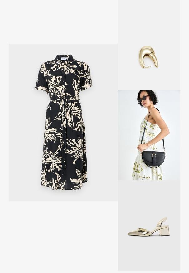 Kratki rukavi, košulja haljina od crnog materijala s velikim krem cvjetnim uzorcima, strukirana s remenom, srednje dužine, klasični ovratnik.; Zlatni metalik slingback sandali s šiljatim vrhom i debelim potpeticama. Glatka tekstura, minimalistički dizajn i uski remen.; Crna kožna torba s lukovitim oblikom, odvojivim remenom i zlatnim detaljima. Torba ima preklop s kopčom.; Zlatne metalne naušnice s elegantnim, zakrivljenim dizajnom. Imaju karakterističan šiljast oblik, poliranu površinu i zatvaranje na šarku.