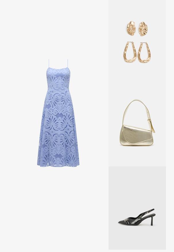 Rochie fără mâneci, de culoare albastru deschis, cu un bust ajustat și o fustă evazată, având modele florale tăiate complicat pe întreaga suprafață.; Pantofii slingback din piele lăcuită neagră, cu vârf ascuțit, bretele pentru gleznă cu catarame și accesorii din argint, și un toc subțire.; Geantă de umăr metalică aurie cu un design structurat, textură netedă și curea reglabilă. Prezintă o formă triangulară unică și cusături minimaliste.; Cercei aurii cu forme texturate și ondulate. Include studs sculpturale cu clip și un design de cerc deschis cu un finisaj cioplit.