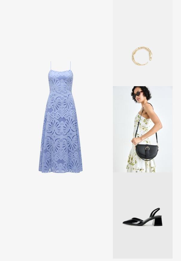 Vaaleansininen hihaton mekko, jossa on istuva yläosa ja avara helma, ja koko mekkoa koristavat monimutkaiset leikattu kukkakuviot.; Mustat patentoitu nahkakengät, joissa on säären takaosa ja terävä kärki, sekä geometrinen palikkakorko. Sisältää tyylikkään, minimalistisen muotoilun ja sileän pinnan.; Musta nahkainen käsilaukku, joka on kaareva muotoilultaan, irrotettavalla hihnalla ja kultaisilla yksityiskohdilla. Laukussa on läppä, jossa on solk yksityiskohta.; Kultaketju, jossa on orgaaninen, kierretty muotoilu, sileä pinta ja cappatut päät, luoden modernin, veistoksellisen ilmeen.