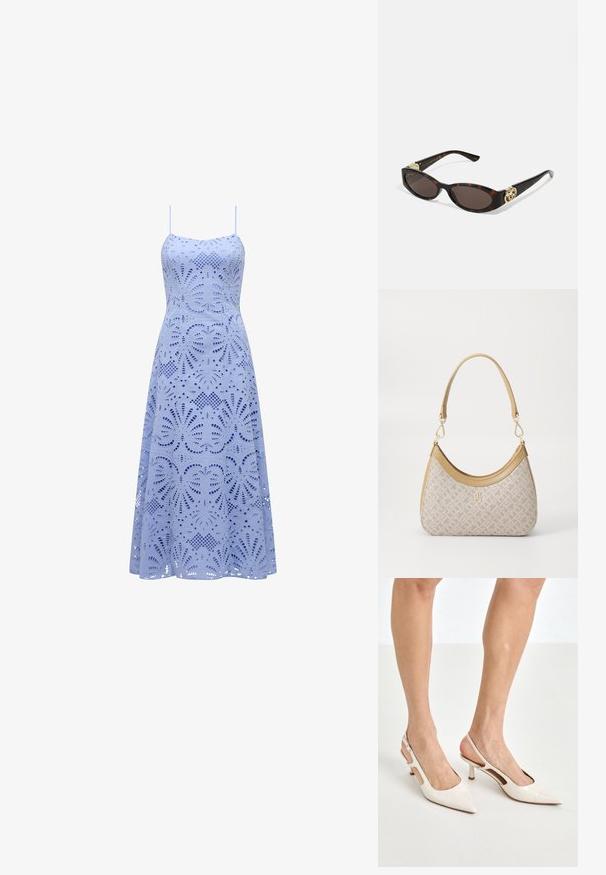 Robe sans manches bleu clair avec un corsage ajusté et une jupe évasée, présentant des motifs floraux découpés complexes sur l'ensemble.; Escarpins à talon slingback en cuir verni beige avec un bout pointu et un talon de 5 cm, présentant des côtés découpés et une fine bride à la cheville.; Lunettes de soleil en écaille, avec des verres ovales allongés, teinte marron, accents de logo doré sur les branches et montures noires élégantes.; Sac à main en beige à motif, avec une forme incurvée, des accents en cuir et un logo en ton doré sur le devant. Il dispose d'une poignée courte pour un transport facile.; Collier en perles et cristaux avec un design rond et perlé dans des teintes douces, comportant des perles alternées et des accents scintillants, porté autour du cou.