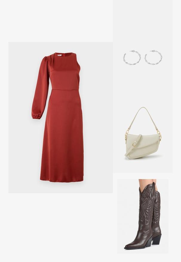 Plynulá červená midi šaty z hladkého materiálu, s jedním rourovým rukávem, čtvercovým výstřihem a skrytým zipem na zadní straně.; Hnědé kožené kovbojské boty s špičatou špičkou a blokovým podpatkem, se zdobným prošíváním a vyvýšenými akcenty na nárazu.; Malá krémová kabelka s texturovaným povrchem, dlouhým nastavitelným popruhem, řetízkovým akcentem a klopou. Ozdobné detaily zlaté barvy.; Stříbrné kruhové náušnice s točeným designem, se lesklým povrchem a uzávěrem na kolík. Průměr přibližně 3 cm.