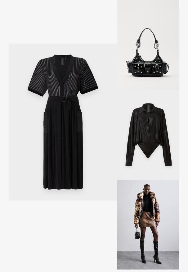 Black maxi dress with short sleeves, vertical stripes, v-neckline, belted waist, and side pockets. Made from a lightweight fabric.; Black bodysuit with long sleeves, V-neck, and a fitted silhouette. Made of shiny, smooth fabric with a structured collar and cuffs.; Puffer jacket with a brown and black pattern, paired with a brown snake print mini skirt, black knee-high boots, and a small black bag.; Black leather handbag with a curved design, featuring silver studs, a buckle, and two side pockets. Adjustable strap for carrying options.