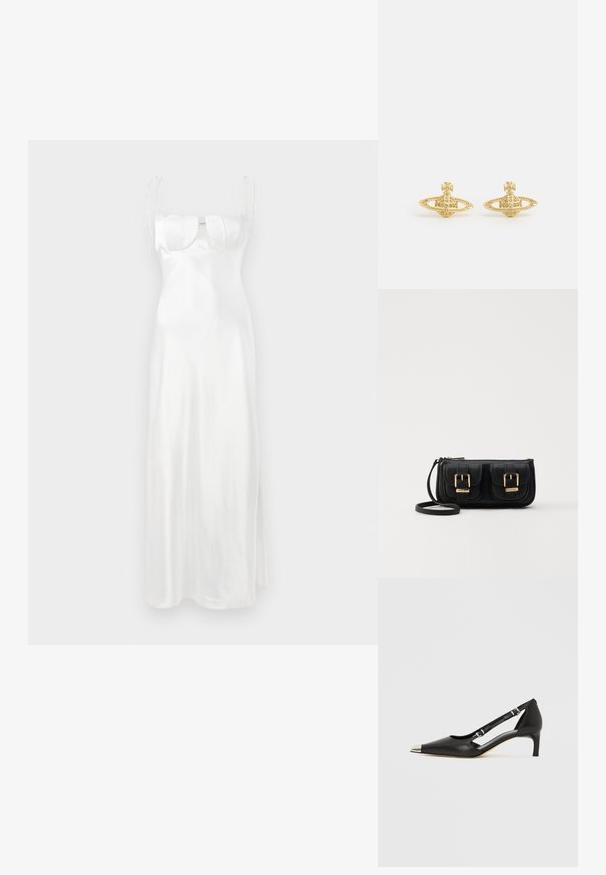 Balta satino maxi suknelė su prigludusia liemene, švelniu širdies formos iškirpimu, reguliuojamomis plonomis petnešėlėmis ir šonu įpjova. Lygi, blizganti tekstūra.; Juodos odos bateliai su žemu kulniuku, smailiu sidabro spalvos pirštinės gaubtu ir dvigubais dirželiais, ant balto fono.; Juodas odinis per petį nešiojamas krepšys su dviem priekiniais kišenėmis, auksiniais sagtimis, užtrauktuko uždarymu ir siauromis petnešomis. Textūruota paviršius ir kompaktiškas stačiakampis formatas.; Vivienne Westwood MINI BAS RELIEF EARRINGS - Auskarai - gold-coloured