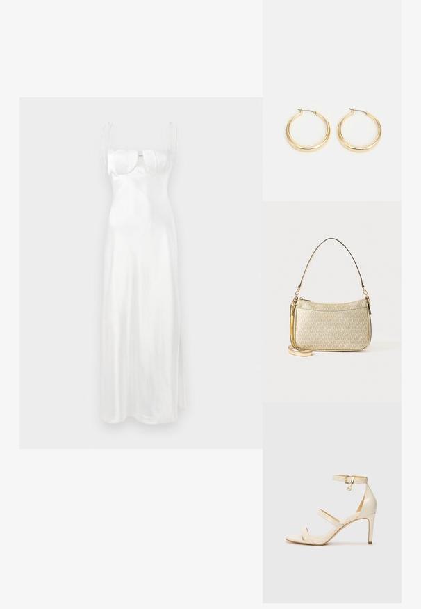 Vestido maxi de cetim branco com corpete justo, decote coração suave, alças finas ajustáveis e uma fenda lateral. Textura suave e brilhante.; Sandálias de salto alto bege com tira fina no tornozelo e duas tiras superiores. Acabamento em patentes brilhantes e detalhe em dourado na tira do tornozelo.; Mala com textura dourada, equipada com uma alça de couro suave, apresentando um fecho zip e um padrão de logotipo discreto impresso na superfície.; Brincos em argola em tom de ouro com um design liso e arredondado, apresentando um fecho de fio fino e um acabamento polido para uma aparência brilhante.