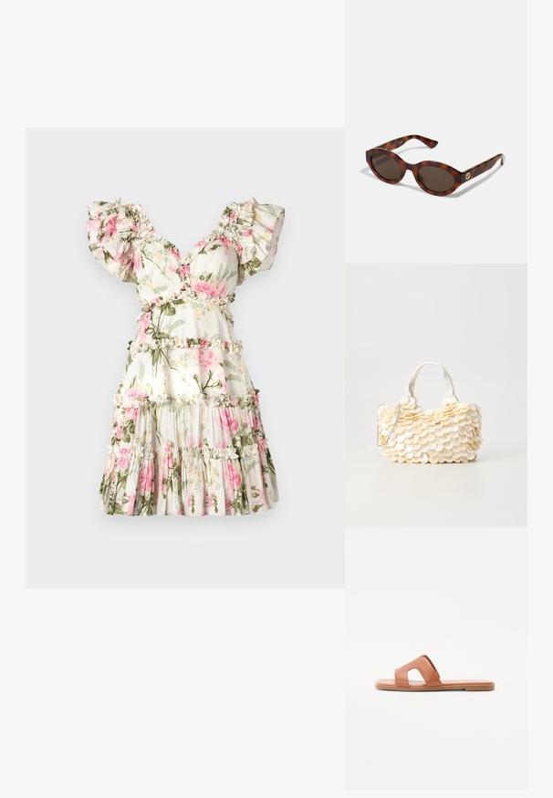 Blumenkleid mit weißem Hintergrund, das mit rosa Rosen und grünen Blättern verziert ist. Rüschensleeves, V-Ausschnitt und gestufter Rock mit Rüschenakzenten.; Braune Leder-Slipper mit offenem Zehendesign, breitem Riemen mit Ausschnittdetails, flacher Sohle und glatter Textur.; Schildpatt-Sonnenbrillen mit runden Rahmen, dunklen Gläsern und goldfarbener Logodetailierung an den Schläfen. Glattes Kunststoffmaterial, keine sichtbaren Muster.; Weißes Handtasche mit strukturierten, gezackten Muschel-artigen Verzierungen. Verfügt über einen geflochtenen Griff und einen silbernen Kettenriemen für Vielseitigkeit.