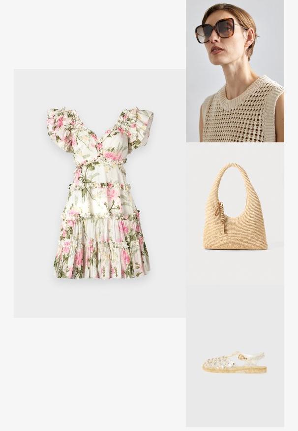 Kvetinové šaty s bielym pozadím, na ktorých sú ružové ruže a zelené listy. Riasené rukávy, výstrih do V a vrstvená sukňa s volánovými akcentmi.; Lesklé zlaté sandále s priesvitným zvrškom, ktorá má kovové nýty, uzavretú špičku, otvorenú pätu a bezpečnostný remienok pre pevné uchytenie.; CHLOÉ Slnečné okuliare - brown; Tkaná béžová kabelka s zakrivenou rukoväťou, štruktúrovaným povrchom a hnedým strapcom. Má uvoľnený, hobo tvar.