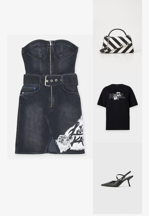 Svart denimkjole med strukturert bodice og glidelås. Har et bredt denimbelte, frontslipp og hvit grafisk trykk på kanten.; Svart bomulls t-skjorte med et grafisk trykk av to tegneseriFigurer med solbriller, sammen med teksten "KARL" i fete bokstaver.; Sorte skinn slingback-hæler med spiss tå, slank hæl og dekorativ spenne detalj på vampsiden. Glatt tekstur og stilrent design.; Svart- og hvitstripet håndveske med en strukturert form, som har et topphåndtak, en avtakbar kjedestropp, og metallisk logo-akcent.