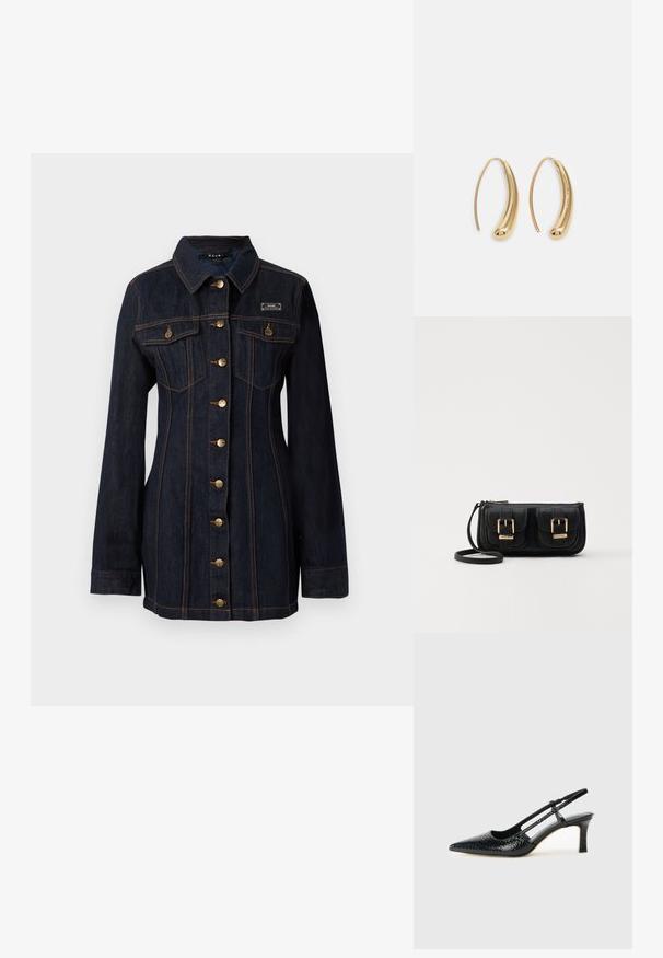 Tumša džinsu jaka ar pieguļošu dizainu, misiņa pogu aizdari, divām krūšu kabatām un kontrastējošiem diegiem. Iespējojama klasiskā apkakle un garas piedurknes.; Melna patent āda ar slīdošo papēdi un smailo purngalu, ar teksturētu čūsku drukājumu, regulējamu siksniņu un īsu teksturētu blokpapēdi.; Melnas ādas crossbody soma ar divām priekšējām kabatām, zelta sprādzēm, ar rāvējslēdzēju aizdari un šauru siksnu. Strukturēta virsma un kompakta taisnstūra forma.; Zelta toņu metāla gredzena auskari ar izliektu, pagarinātu formu. Ar gludu, spīdīgu virsma un noapaļotu galu papildu detaļām.