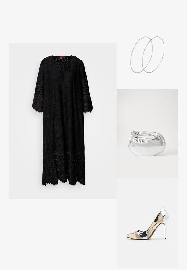 Juodas nėrinių suknelė su apvaliu iškirpimu, trimis ketvirtadaliais rankovėmis, sudėtingais raštais ir kutais apatinėje dalyje; turi pririšamą priekinį uždarymą.; Aštrus pirštas aukštakulnis batelis su sidabro, aukso ir nuogų spalvų deriniu. Blizgus paviršius su išpjovos dizainu, su stiletto kulnu.; Sidabrinė metalinė maišelio forma su švelnia, apvalia forma ir mazgu užveriamu viršumi. Pagaminta iš lygios dirbtinės odos medžiagos.; Sidabrinės pusmėnulio auskarai minimalistiniu dizainu. Apskritimo forma, lygus paviršius ir plonas profilis. Lengvi su poliruotu apdailu.