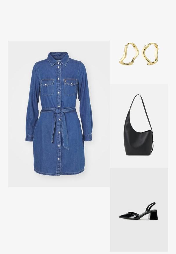 Džinsa krekla kleita, tumši zila, ar pogām aizdaram, ar norādītu apkakli, garām piedurknēm, diviem krūšu kabatām, auduma josta sasieta ap vidu, gluda tekstūra.; Melna lakota āda ar atvērto papēdi, ar smailu purngalu un ģeometrisku blokpapēdi. Iezīmējas elegants, minimāls dizains un gluda tekstūra.; Melnas ādas hobo soma ar gludu tekstūru, izliekta forma un vienu regulējamu jostu; augšā ir plaša atvere.; Zelta riņķa auskari ar plūstošu, viļņveida dizainu. Gluda tekstūra, atvērta forma un nav redzamu aizdaru. Minimālisma un mūsdienīgs izskats.