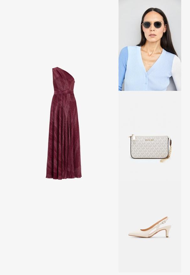 Robe bordeaux à une épaule en tissu texturé, avec une taille ajustée et une jupe fluide, présentant des plis et un drapé élégant.; Talons aiguilles blanches à bride arrière avec un bout pointu, un dessus lisse, un petit talon carré et un design avec découpes latérales et sangle réglable.; Lunettes de soleil rondes avec verres sombres et monture en or. Le modèle porte un cardigan à côtes bleu clair avec des boutons et des manches blanches contrastantes.; Porte-monnaie Michael Kors en toile enduite beige avec un motif répété de logo MK, des accessoires en or et une bandoulière en chaîne amovible.