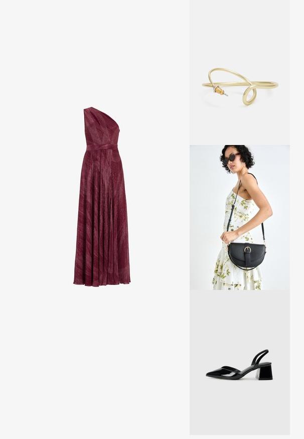 Vestido burdeos de un solo hombro hecho de un tejido texturizado, con una cintura ajustada y una falda fluida, que presenta pliegues y un elegante drapeado.; Zapatos de tacón slingback de charol negro con punta afilada y tacón geométrico en bloque. Presentan un diseño elegante y minimalista, así como una textura suave.; Bolso de piel negra con forma curva, correa desmontable y herrajes dorados. El bolso cuenta con una solapa con un detalle de hebilla.; Pulsera de metal color oro con un diseño fluido y curvado. Presenta un pequeño acento plateado prominente en un extremo.