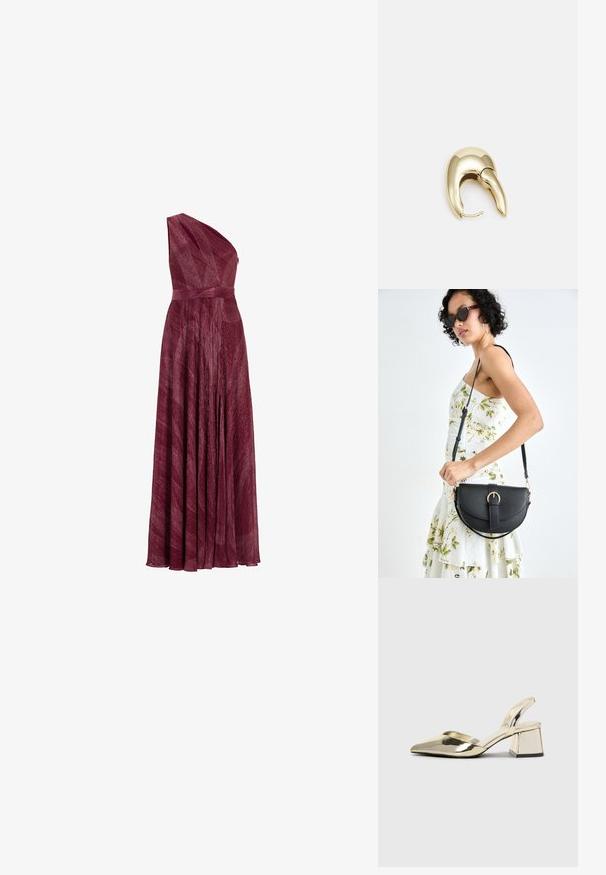 Robe bordeaux à une épaule en tissu texturé, avec une taille ajustée et une jupe fluide, présentant des plis et un drapé élégant.; Talons aiguilles dorés métalliques avec un bout pointu et un talon épais. Texture lisse, design minimaliste et une fine bride.; Sac à main en cuir noir avec une forme courbée, bandoulière amovible et des accessoires en or. Le sac est doté d'un rabat avec un détail de boucle.; Boucle d'oreille en métal doré avec un design élégant et courbé. Présente une forme conique distinctive, une surface polie et une fermeture à charnière.