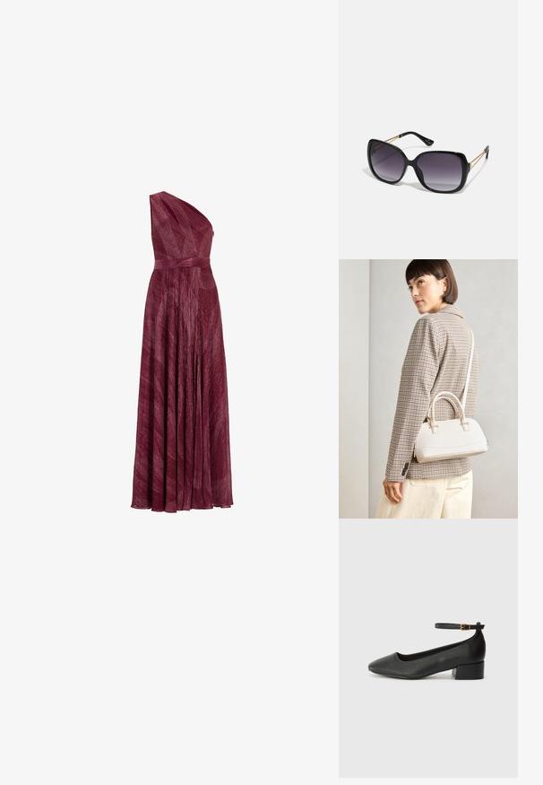 Burgunderfarbene Ein-Schulter-Ganzkörperrobe aus strukturiertem Stoff, mit tailliertem Schnitt und fließendem Rock, der Falten und einen eleganten Fall aufweist.; Schwarze Lederpumps mit spitzem Zehenbereich und niedrigem Blockabsatz. Mit einem Knöchelriemen und einer goldfarbenen Schnalle. Glatte Textur.; Schwarze übergroße Sonnenbrille mit getönten Gläsern, dicken Rahmen und goldfarbener Kettendetaillierung an den Bügeln.; Weiße strukturierte Handtasche mit kurzen Griffen und einem Schultergurt, ausgestattet mit goldfarbenen Hardware-Elementen und strukturiertem Material, vor einem grauen Hintergrund präsentiert.