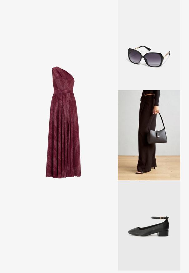 Rochie burgundy cu o singură umăr, fabricată dintr-un material texturat, cu talie ajustată și fustă fluidă, având pliere și o drapare elegantă.; Pantof cu toc negru din piele, cu vârf ascuțit și toc mic pătrat. Dispune de o curea la gleznă cu o cataramă în tonuri de aur. Textură netedă.; Ochelari de soare negri, supradimensionați, cu lentile degradate, rame groase și detalii cu lanț de ton auriu pe brațele templului.; Genți negre cu o formă structurată, textură netedă și un închizător metalic. Asortată cu pantaloni negri largi și sandale cu vârf deschis pe un podea din lemn.