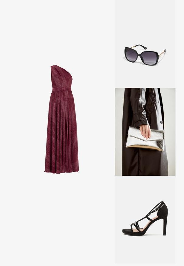 Abito bordeaux a spalla unica realizzato in tessuto strutturato, con vita aderente e gonna fluttuante, caratterizzato da pieghe e un'elegante caduta.; Sandalo con tacco alto in suede nero, dotato di fasce incrociate, un accentuazione decorativa in tono argento e una suola a piattaforma per aumentare l'altezza.; Occhiali da sole neri oversize con lenti sfumate, montatura spessa e dettagli in catena dorata sulle astine.; Clutch metallico argento con un design a busta angolare, texture liscia e colore interno a contrasto, tenuto in mano da una persona che indossa un cappotto nero.