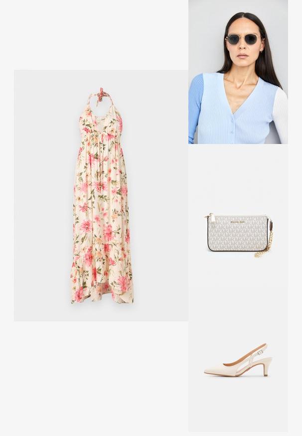 Krēma krāsas ziedu maxi kleita ar rozā un zaļiem ziedu rakstiem. Ir ar haltera izgriezumu un slāņainu apakšmalu, kas nodrošina plūstošu siluetu.; Baltas siksniņveida papēdis ar smailu purngalu, gludu augšējo materiālu, zemu blokpapēdi un sānu izgriezumu dizainu ar regulējamu sprādzi.; Apaļas saulesbrilles ar tumšiem objektīviem un zeltītām rāmēm. Modelis valkā gaiši zilu, ribotu kardigānu ar pogām un kontrastējošām baltām piedurknēm.; Michaela Korsa rokassomi bez̦ā īšojuma, kas izgatavota no apklāta kanvas, iekļaujot atkārtotu MK logotipa rakstu, zelta aparatūru un noņemamu ķēdes siksnu.