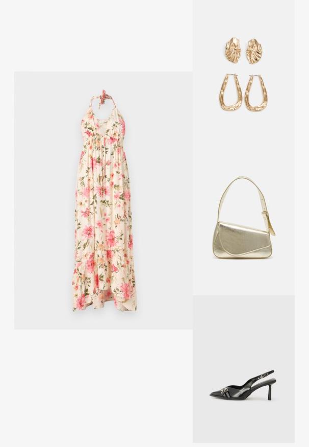 Krēma krāsas ziedu maxi kleita ar rozā un zaļiem ziedu rakstiem. Ir ar haltera izgriezumu un slāņainu apakšmalu, kas nodrošina plūstošu siluetu.; Melnā patentēta ādas sandale ar norādītu purngalu, potītes siksniņām ar sudraba sprādzēm un aparatūru, kā arī smalku papēdi.; Zelta metāla somiņa ar strukturētu dizainu, gludu tekstūru un regulējamu siksniņu. Iezīmējas ar unikālu trīsstūrveida formu un minimālistisku šuvumu.; Zelta krāsas auskari ar teksturētām, viļņotām formām. Iekļauts skulpturāls piespraužams modelis un atvērta gredzenveida konstrukcija ar izsistām virsmām.