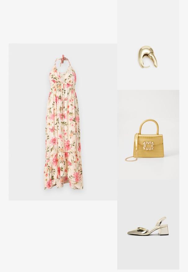 Kreemist toonist lillelist maksikleidist, millel on roosa ja roheline lillemuster. Omab kaelusest kinnitatud halteri lõiget ja kihilist allosa, mis loob voolava silueti.; Kuldne, metallilised slingback-kudumid terava varba ja paksu kontsaga. Sile tekstuur, minimalistlik disain ja kitsas rihm.; Kollane faux-krokodilli käsipindaga kott, millel on struktureeritud disain, ülemine käepide, eemaldatav kettmass ja dekoratiivne kristallkaunistus klambril.; Kuldtooni metallist kõrvarõngas, millel on elegantne ja kaarjas disain. Omab silmapaistvat teravat kuju, poleeritud pinda ja hingesulgemist.