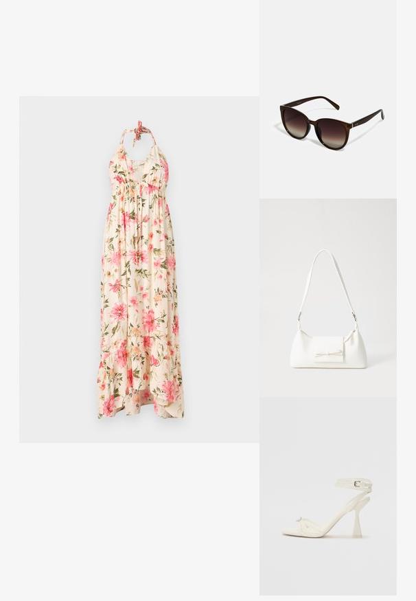 Floral maxi-jurk in crème met roze en groene bloemenpatronen. Heeft een halterhals en een gelaagde zoom voor een luchtige uitstraling.; Strappy hoge hak sandaal in wit leer met een slank ontwerp, een transparante blokhak en een decoratief element bij de teen.; Bruine gradient zonnebril met oversized ronde lenzen, glanzende schildpadachtige frames en slanke armen met subtiele metalen accenten.; Witte synthetische handtas met een driehoekige vorm, platte voorklep en strikdetail, verstelbare schouderriem, gladde textuur en minimalistisch ontwerp.